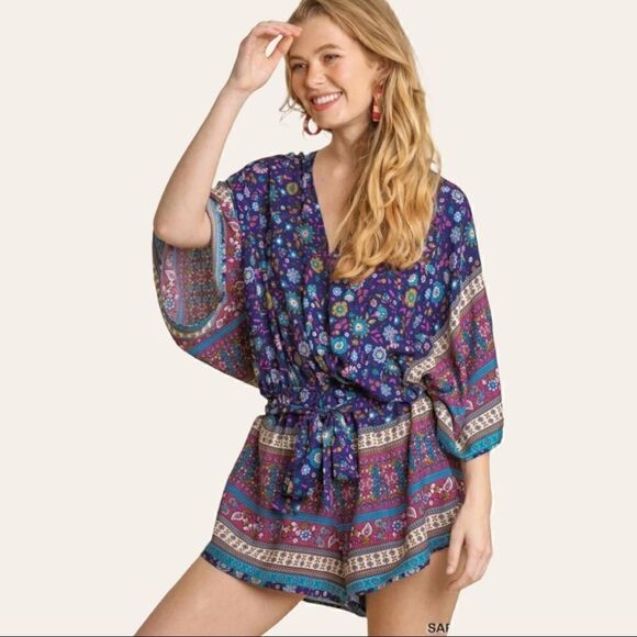 Umgee Mixed Print Surplice Waist tie Romper NWT - Picture 2 of 10